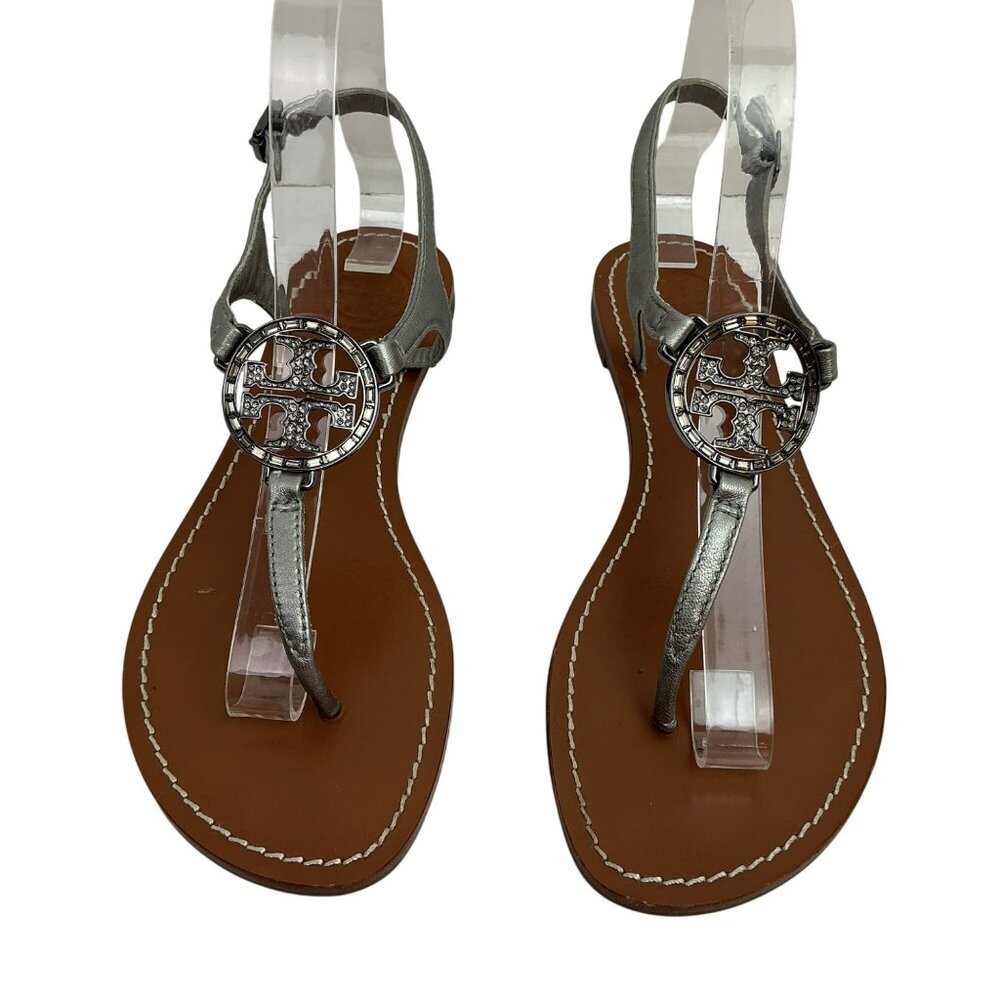 Tory Burch Crystal Metallic Logo Leather Slingback T-Strap Sandals Silver Tan - Picture 2 of 8